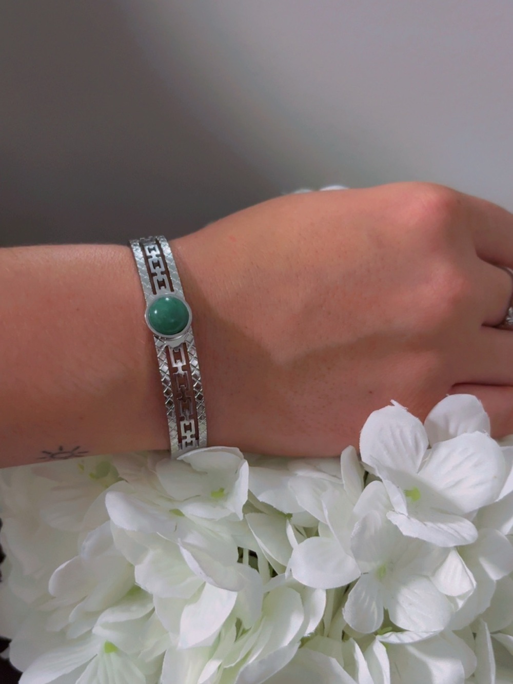 Silver Tone Green Stone Cuff Bracelet - Women's Jewelry